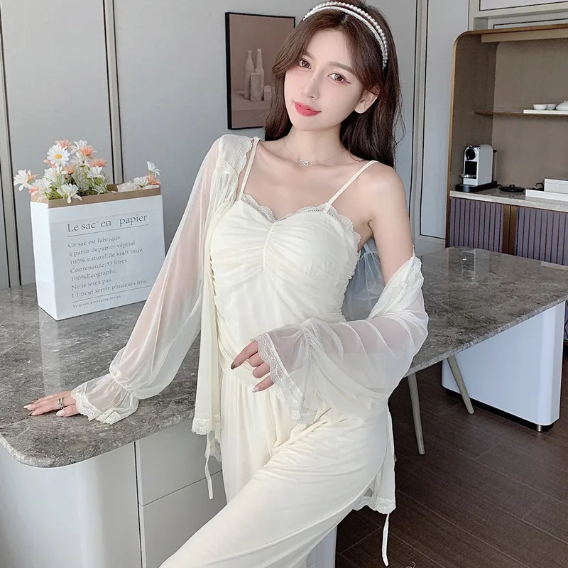 

French court belt chest pad mesh sexy sling pajamas three-piece pijamas women 란제리 bộ đồ ngủ mùa hè nữ pijamas