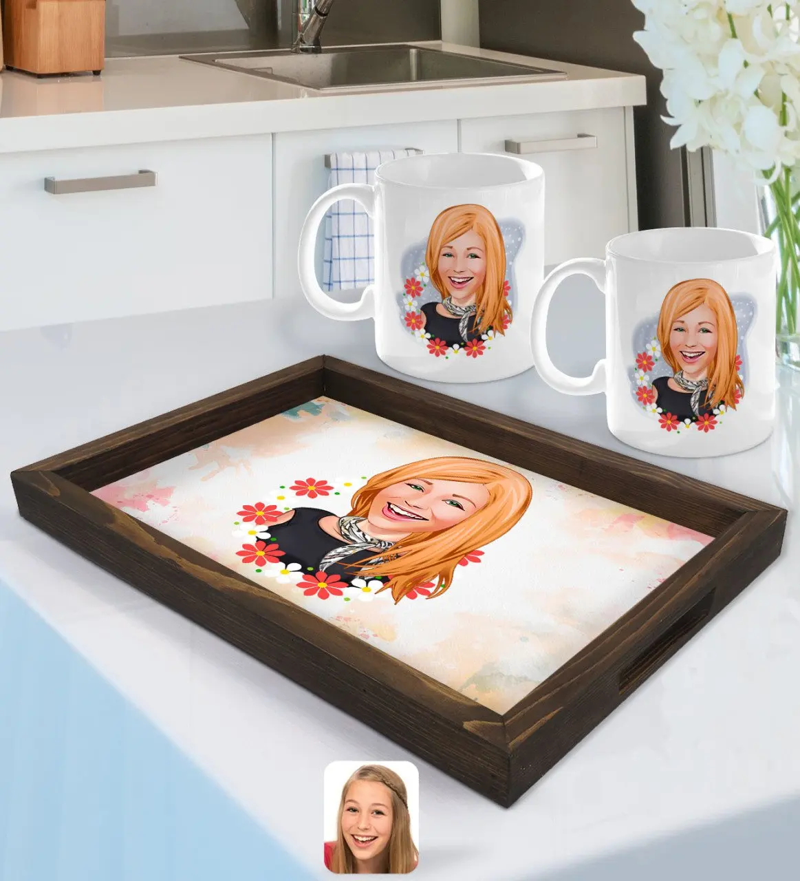 

Персонализированная Женская карикатура поднос из натурального дерева и 2gang Cup Seti-51