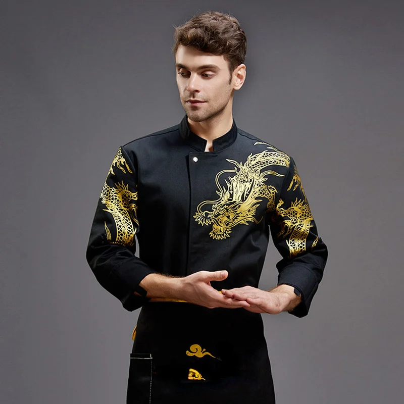 Dragon Print Stand Collar Long Sleeve Chef Uniform Barber Shop Catering Bakery Cafe Chef Clothing Chef Coat Work Top
