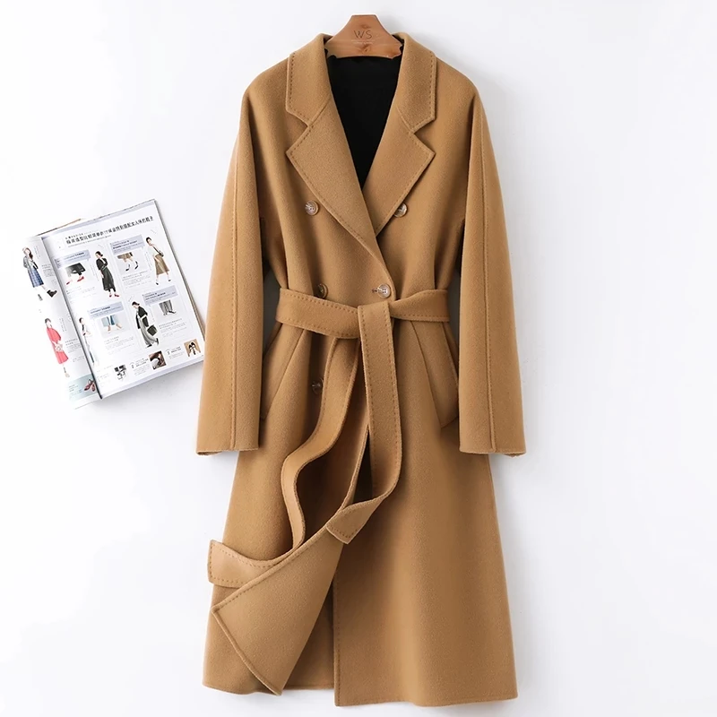 

Double Sided Long Wool Coat Women Belt Mid-Length 2023 Fashion Double Breasted Solid Elegant Winter Jacket Outerwear Female