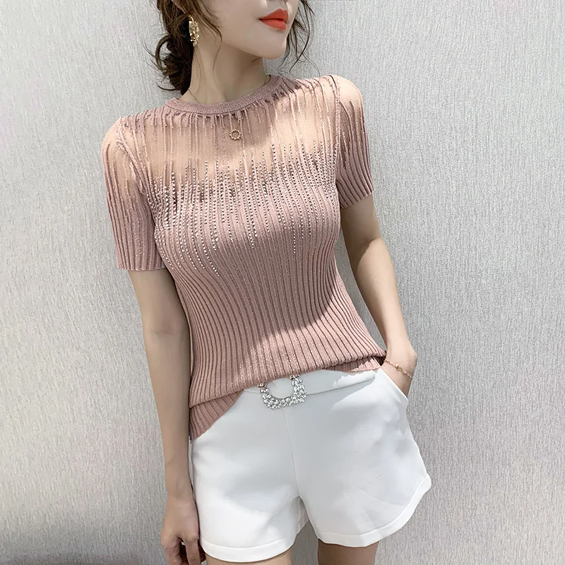 

#7508 Spliced Mesh Perspective T Shirt Women Sexy Casual Knitted T Shirt Female O-neck Thin Short Sleeve T-shirt Femme Diamonds