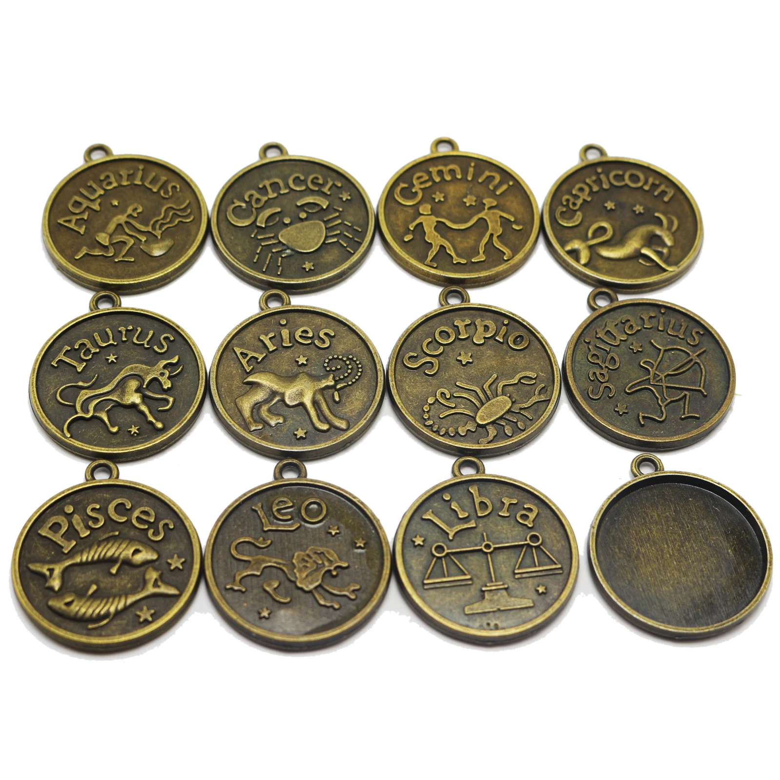 

12 Bronze Alloy Astrology Horoscopes Pendants Blank Cabochon Setting Inner 20mm