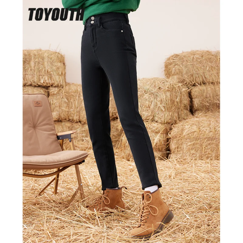 

Toyouth Women Fleece Jeans 2022 Winter Slim Stretch Straight Long Denim Pants Warm All Match Chic Casual Streetwear Trousers