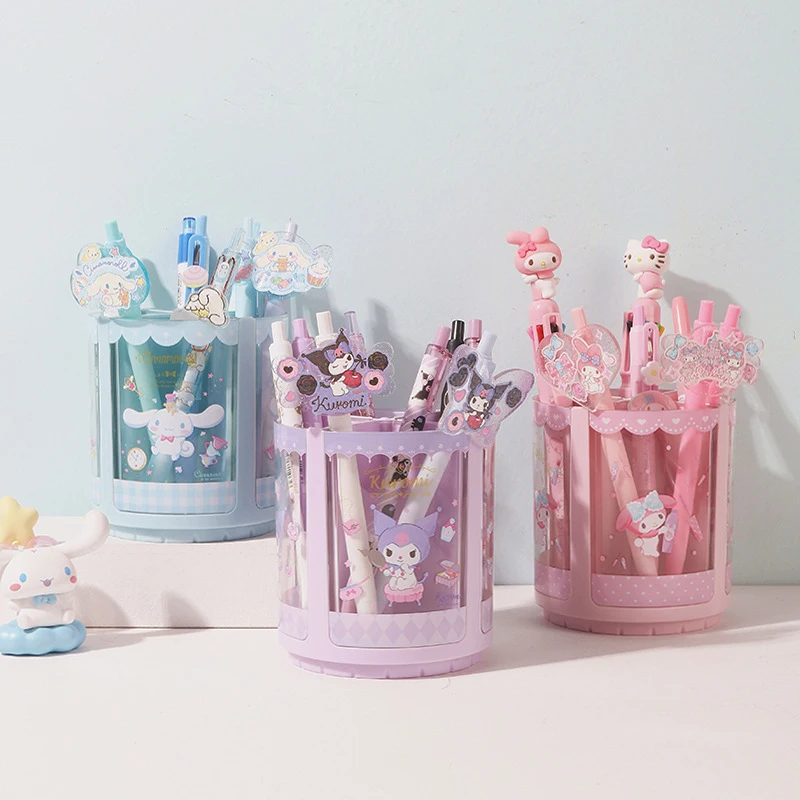 Kawaii Sanrio My Melody Kuromi Cinnamoroll Desktop Rotatable Pencil Holder Anime Girly Heart Cute High Capacity Drawer Box