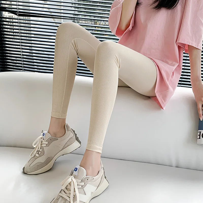 

Korean Ice Silk Leggings Women's Apricot Outer Wear Solid Anti-glare Thread Skinny Pants Spandex Ankle Leisure Sport Tights 2XL