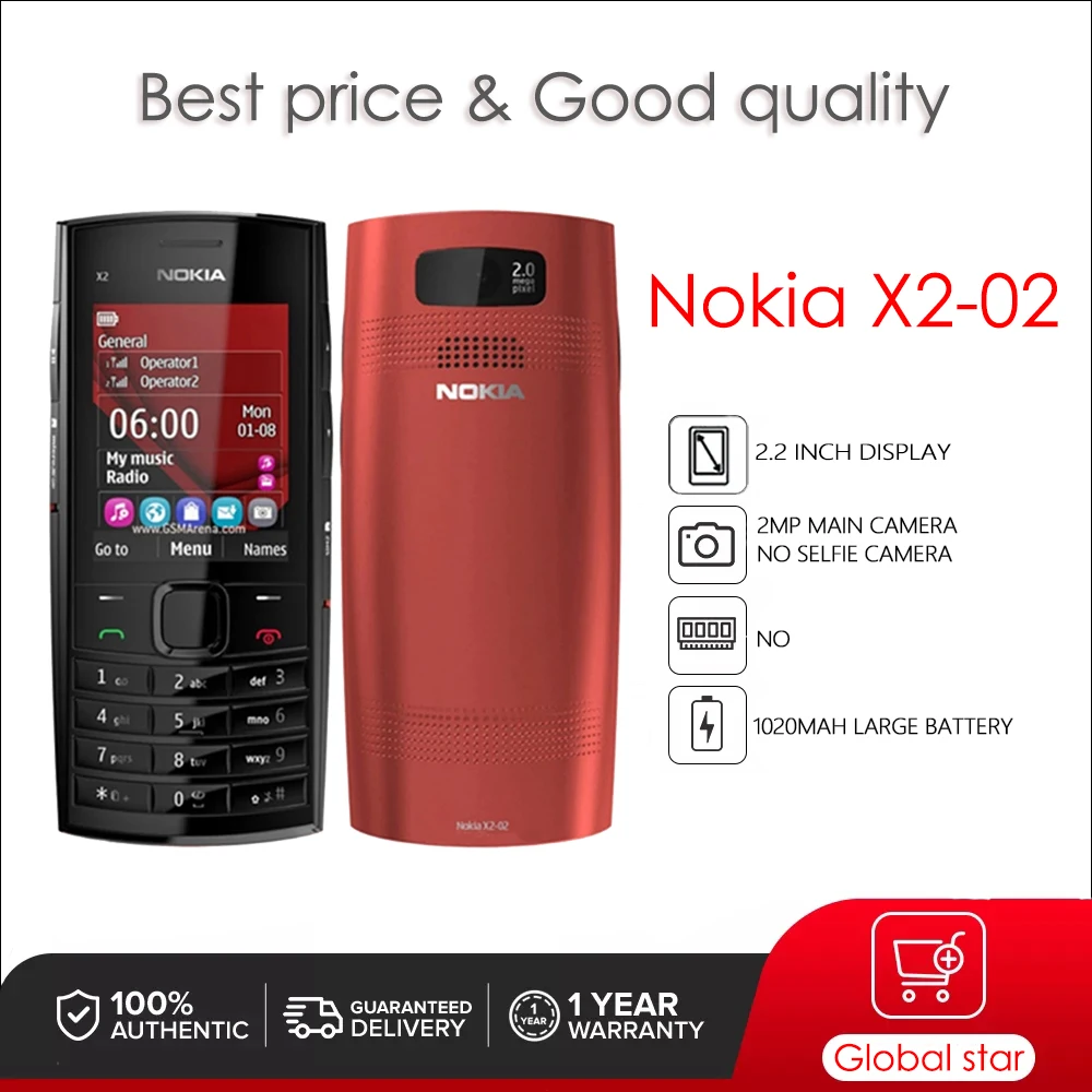 

Оригинальный разблокированный телефон Nokia X2-02 GSM 900/1800, 2,2 дюйма, 2 Мп, съемный литий-ионный аккумулятор 1020 мАч, 2G