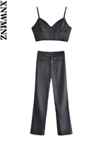xnwmnz 2022 summer women fashion corset style back elastic top and high waist straight trousers female chic suit