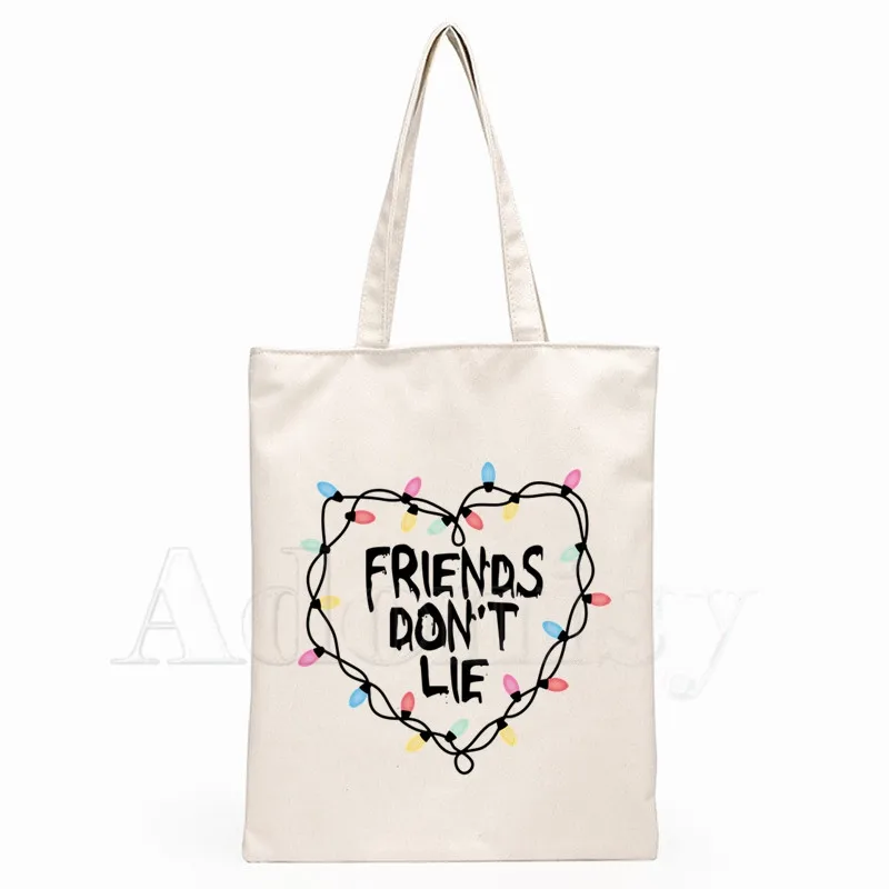 

Stranger Things Friends Do Not Lie Graphic Cartoon Printed Canvas Shoulder Bag Female Harajuku Funny Environmental Shopper Bag