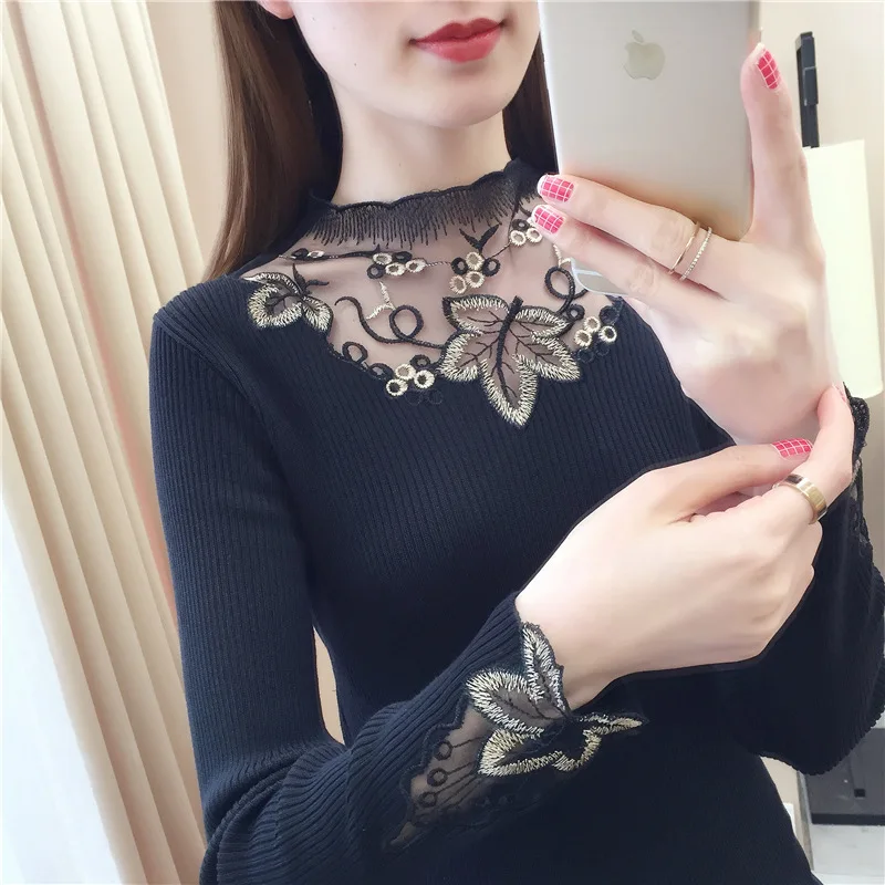 

Lace Women's Sweater Half Turtleneck Slim Fit Pullover Stretch Base Mesh Hollow out Embroidered Sweater Women