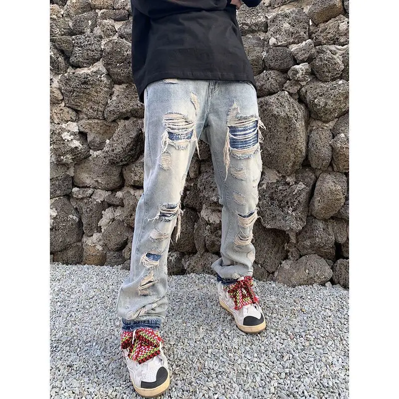 Men's Ripped Jeans Retro Ripped Loose Micro Flared Jeans Trousers High Street Men's Clothing Streetwear Jeans Ins Hot Sale JEANS