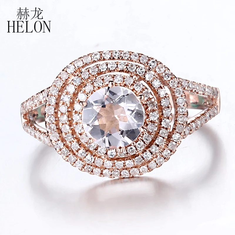 

HELON Solid 14K 10k Rose Gold Round 6mm Genuine Natural Morganite Diamonds Engagement Wedding Ring Women Diamond Fine Jewelry