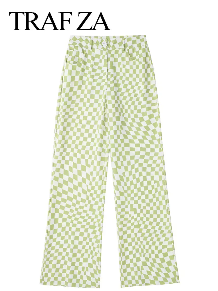 

TRAF ZA Summer Fashion Fresh Light Green Plaid Print Ladies Wide Leg Pants Daily Elegant Pockets Comfortable Women's Trousers