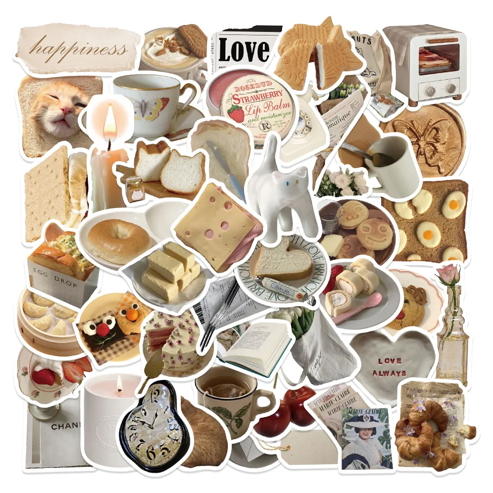 

50Pcs Cute Bread Cat Head Breakfast Food DIY Luggage Guitar Notebook Waterproof PVC Classic Toy Sticker Decal for Teens Kids