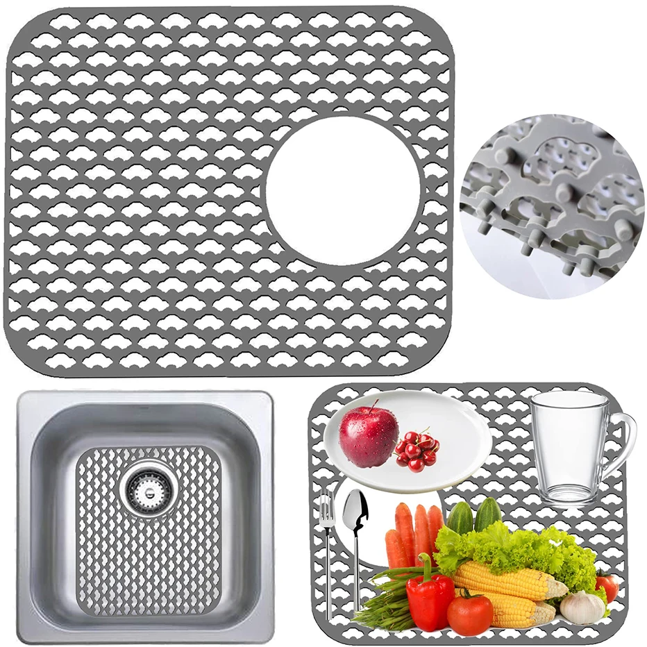 

Gray Non-Slip Sink Protector Mat With Drain Hole Kitchen Sink Mats Grid Accessory for Bottom of Stainless Steel Porcelain Sink