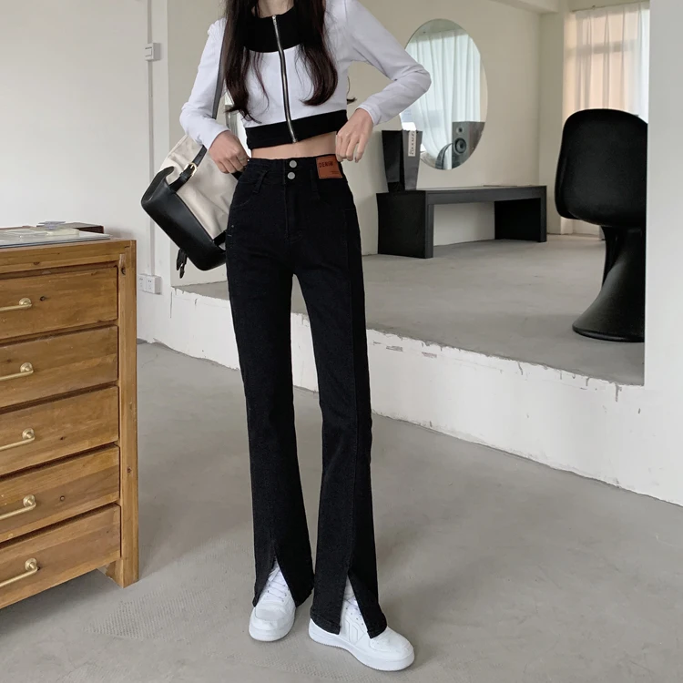 

DD3002 New stretch jeans women's high-waist straight-leg pants slimming slit micro-flared jeans