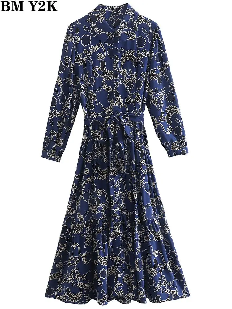 

BM Y2K Women fashion french with belt printed midi shirt dress vintage long sleeve button up female dresses vestidos mujer traf