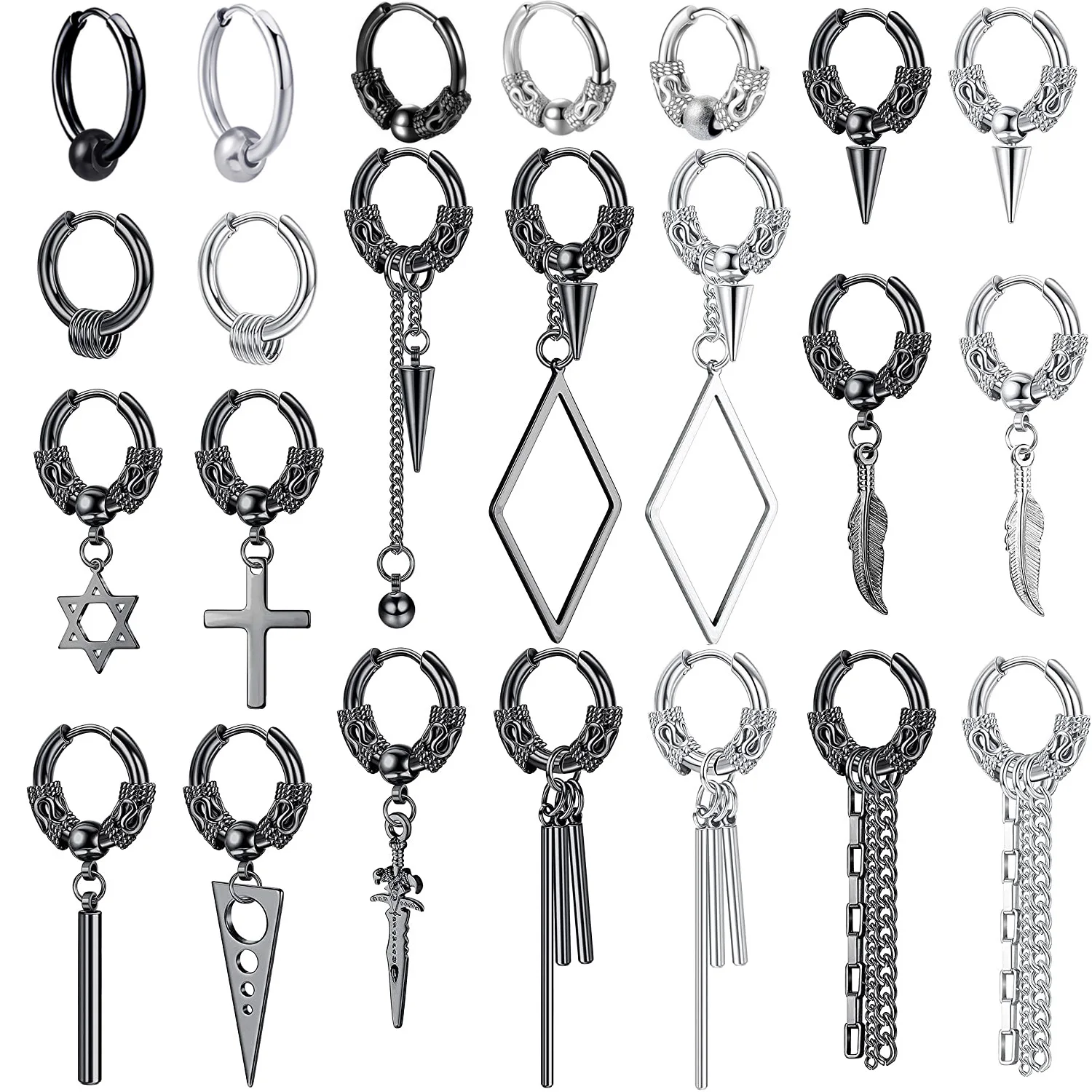 

BT DNA Boy Drop Earrings for Men Women Stainless Steel Round Hoop Earrings Feather Black Gothic Hip Hop Korean Drop Earrings