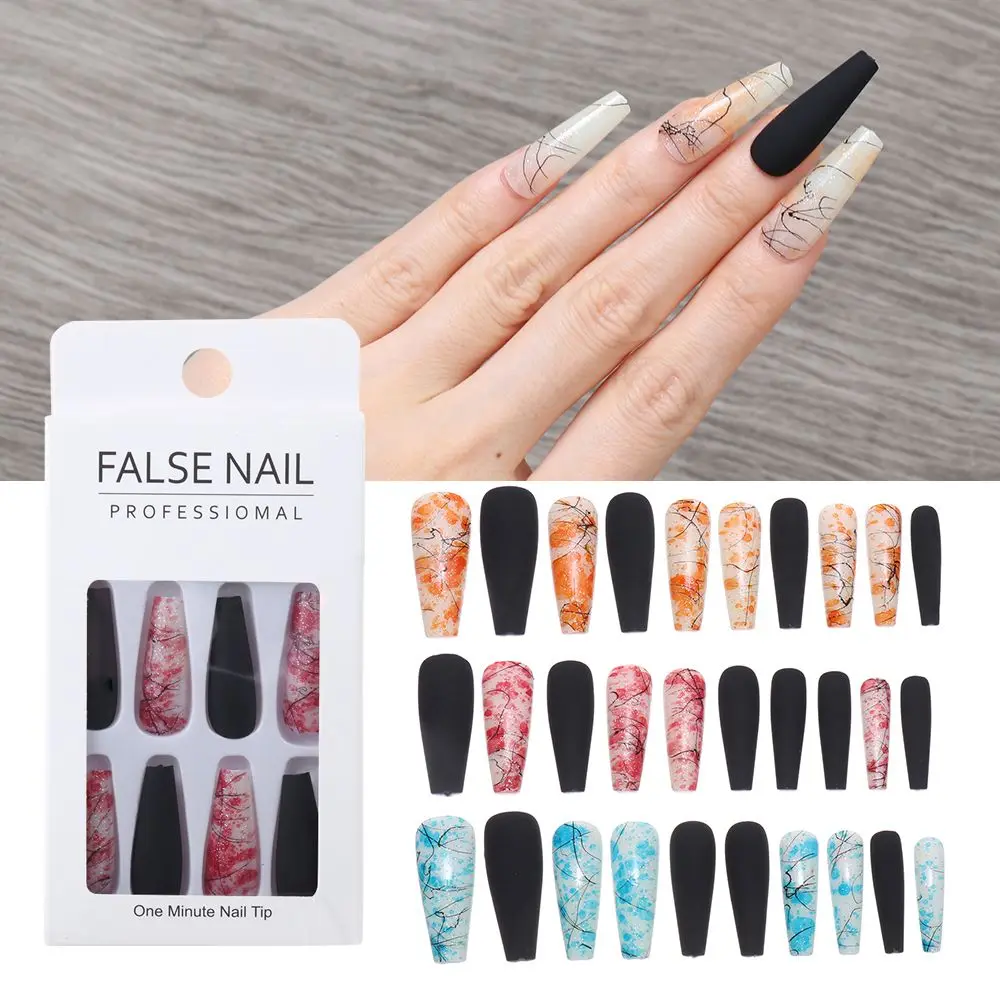 

24 Pcs False Nails Frosted Extra Long Blooming Fake Nails Ballet Coffin Brushed Manicure Artificial Press On Nail Art Tips