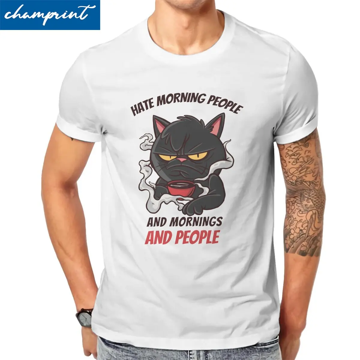 

Hipster Hate Morning People and Mornings and People T-Shirts Men Crew Neck 100% Cotton Tshirt Coffee Cat Tees Gift Idea Clothing