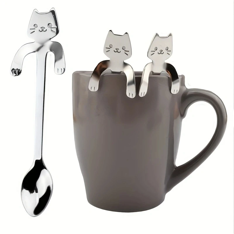 

4PCS Cute Kawaii Cat Coffee Spoon SUS304 Stainless Steel Teaspoon Tableware Flatware Supplies For Home Kitchen Office Party
