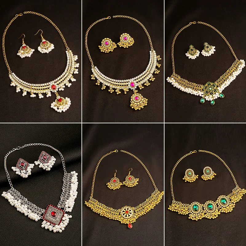 

European and American retro Moonstone Necklace Pearl Earrings Metal Bohemian Jewelry Set necklace jewelry for women
