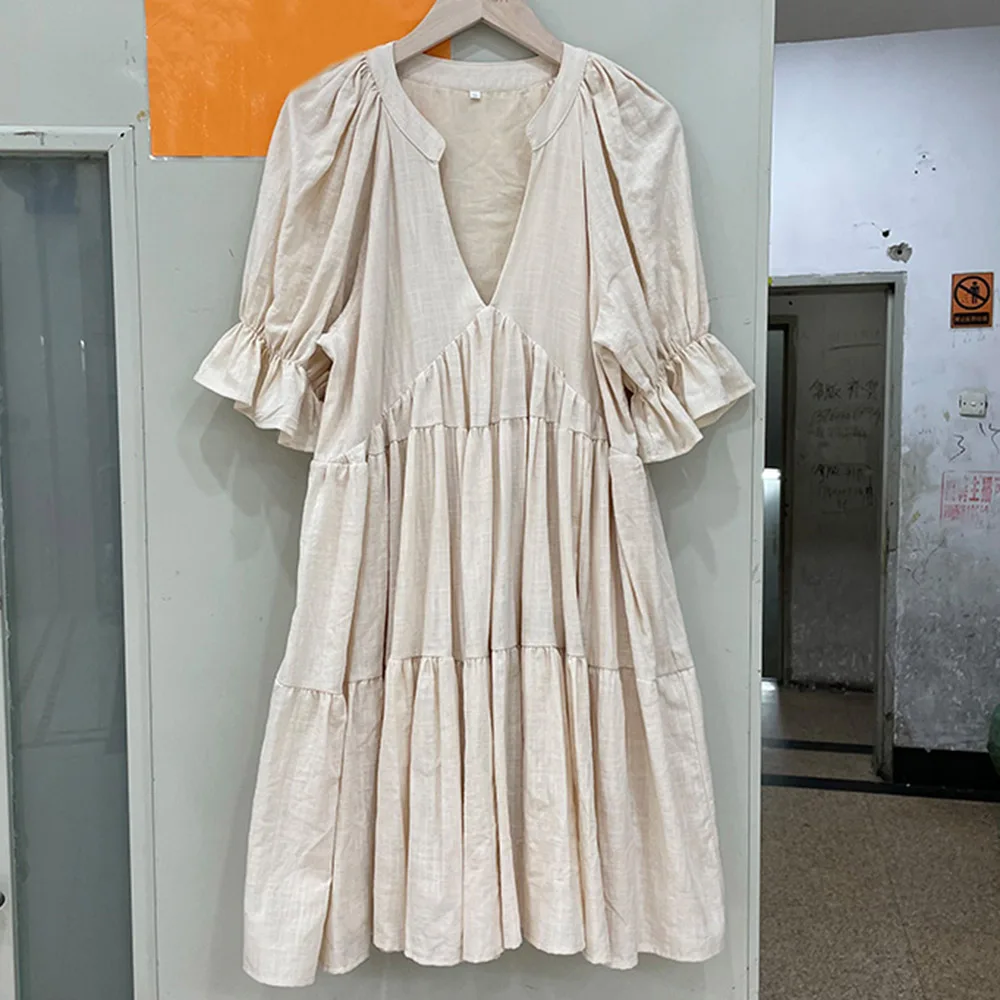 

Летнее однотонное платье миди с V-образным вырезом и рукавом три четверти, ТРАПЕЦИЕВИДНОЕ ПЛАТЬЕ-пуловер, женское Простое Повседневное боге...