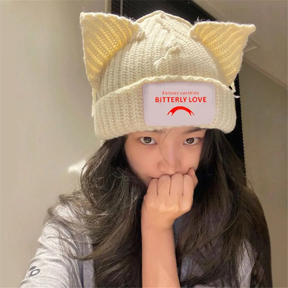 

Fashion Autumn Winter Piglet Cat Ear Patch Knitted Wool Hat Cold Hat Knitted Hat