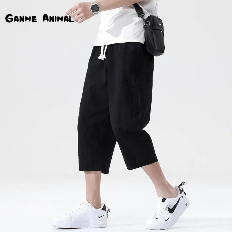 

New Mens Casual Pants Linen Cotton Loose Pants Korean Style Trend Nine-point Straight Trousers Breathable Fitness Pants Men