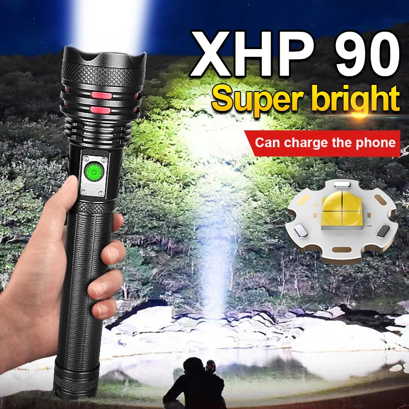 

2023 New Super Bright XHP90 Led Flashlight Powerful Portable Lamp with Type-c USB Charging Rechargeable Torch Camping Floodlight
