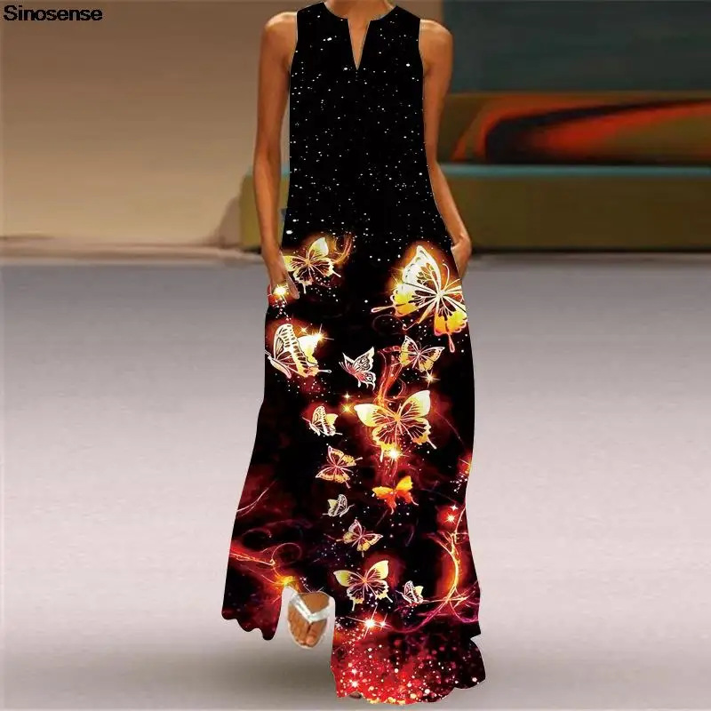 

Women's Butterfly Printed Clothes 2022 Sexy Sleeveless Tunic Tank A Line Loose Summer Beach Dress Lady Casual Long Maxi Dress