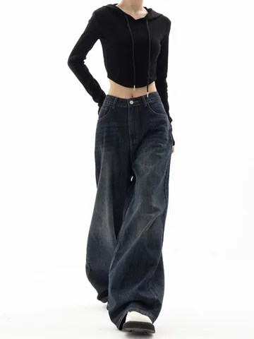 HOUZHOU винтажные женские джинсы с широкими штанинами Harajuku мешковатые джинсовые брюки оверсайз гранж уличная одежда Y2k осенние брюки корейская мода