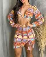 two piece sets womens outifits summer sexy plunge plaid print crop top drawstring ruched skinny slit mini skirt set