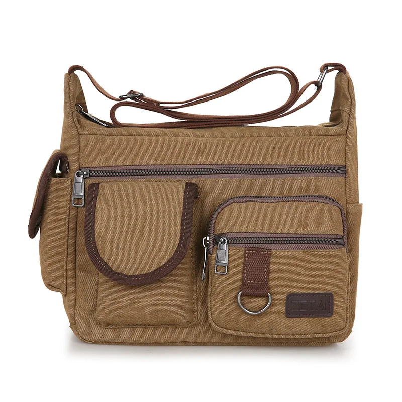 Men Canvas Shoulder Bag Travel Handbags Multifunction Messenger Bags Solid Zipper Top-handle Pack Casual Crossbody Handbags