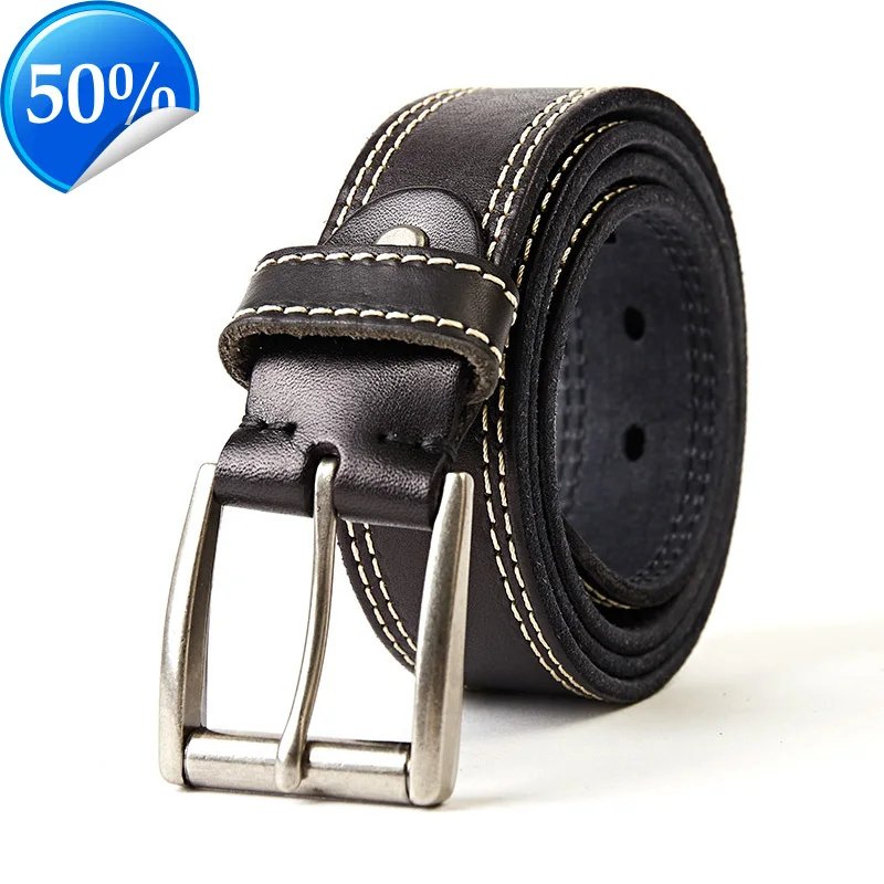 3.8CM Men Belt Cowskin Genuine Leather Strap Alloy Pin Buckle Cowhide Male Thread Strap Jeans Waistband Gift