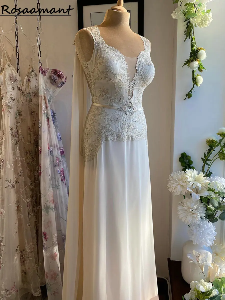 

Real Image Sweetheart Ribbons Chiffon Wedding Dresses A-Line Illusion Sleeveless Appliques Lace Boho Country Bridal Gowns