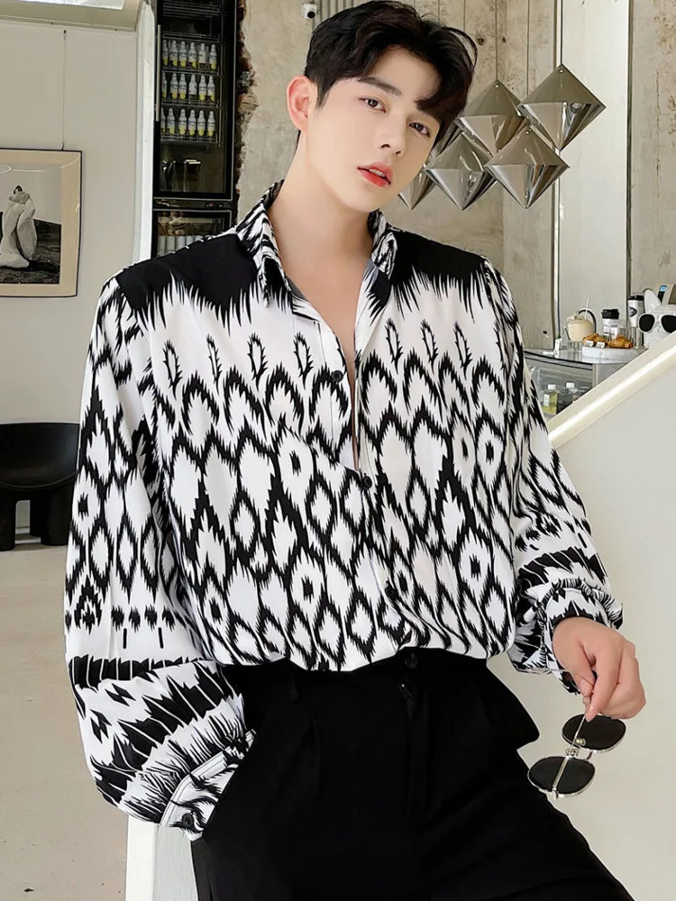 

SYUHGFA 2022 Spring Autumn New Tunr Down Collar Long Sleeve Vintage Print Shirt Loose Casual Korea Style Tops Men Clothing