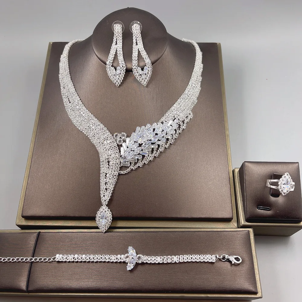 

European and American Fashion Luxury Zircon Necklace Earrings Bracelet Ring Set Rhinestone Necklace Set Bridal Wedding Jewelry