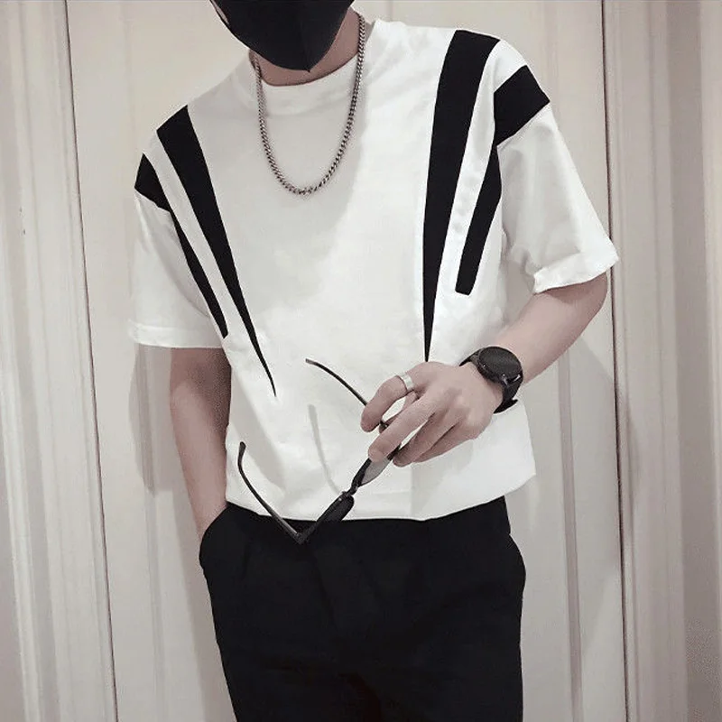 

Korean Y2k Streetwear T-Shirts Summer Round Neck Man Solid Patchwork Pullovers Loose Fashion Casual Short Sleeve Men's Clothing