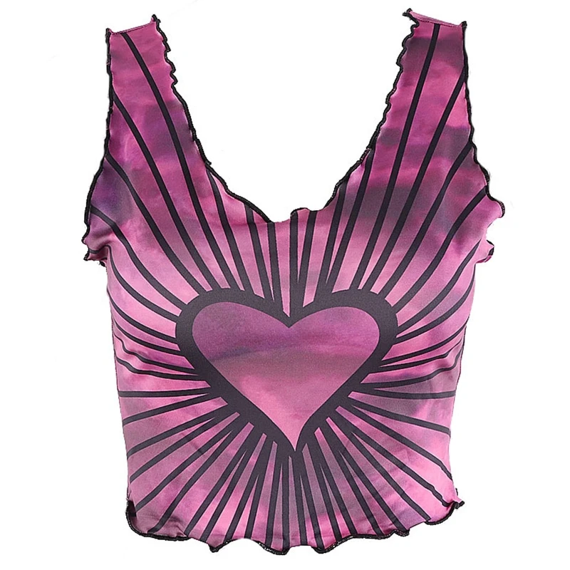 

H9ED Women Gothic Sleeveless Crop Tank Top Sexy U-Neck Ruffled Lettuce Trim Slim Vest Harajuku Gradient Heart Striped Printed