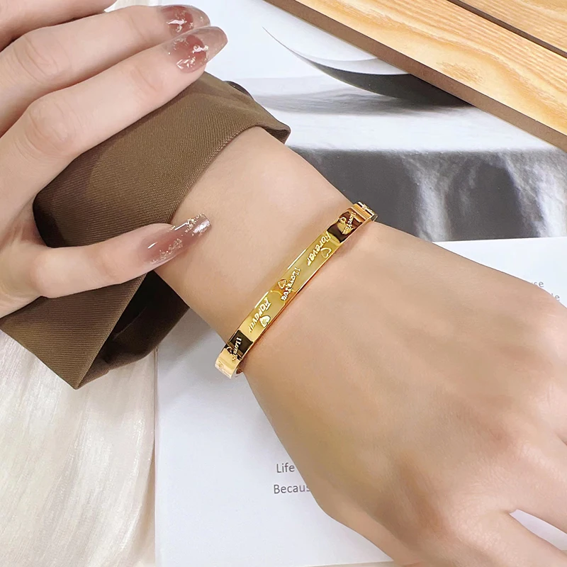 

I Love You Bangle for Women Girls Zircon Silver Gold Rose Gold Color Stainless Steel Accessory Chain Charms Jewelry Gift(GB465)