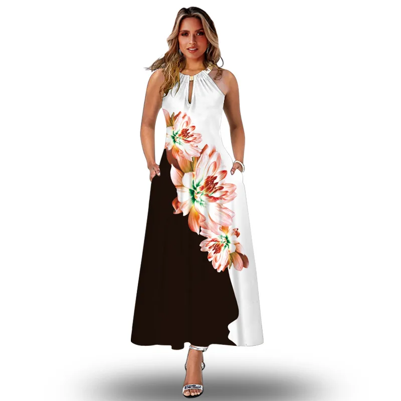 

Woman Maxi Dress Summer Casual Beach Holiday Party Robe Vestidos Elegant Flower Printing Sexy Halter Sleeveless Loose Dresses
