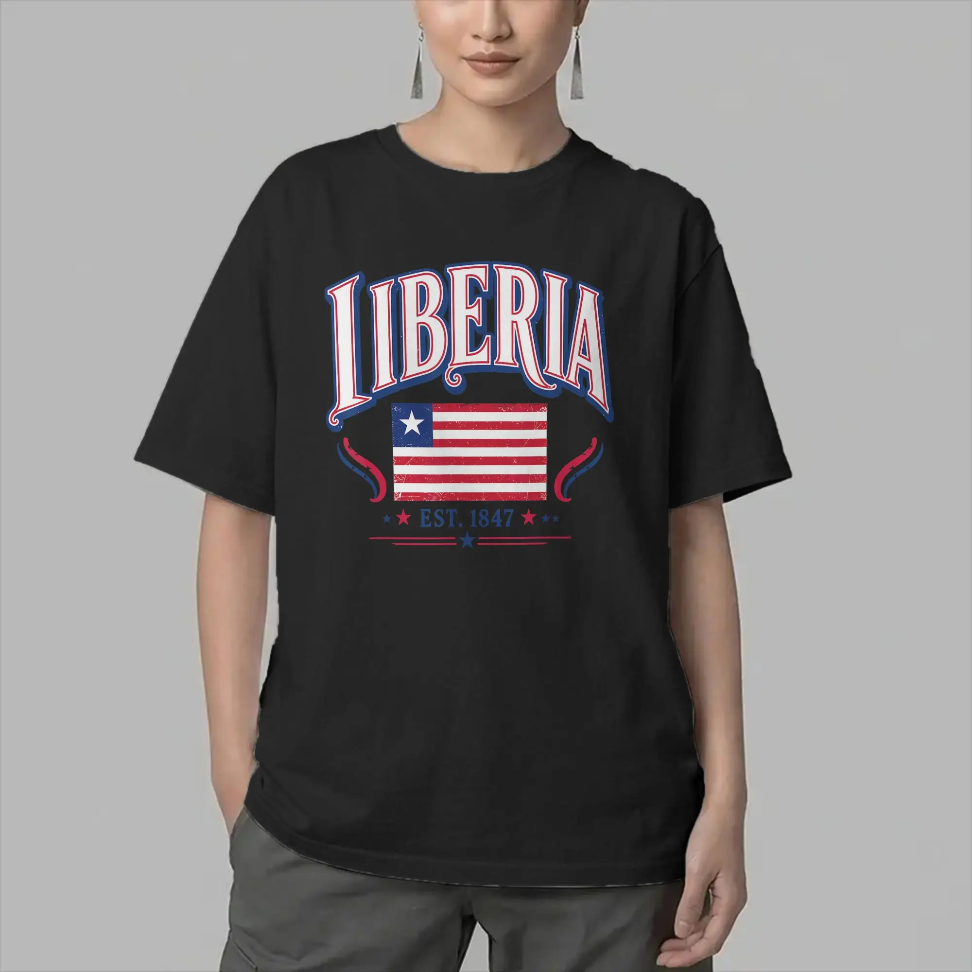 Фото Футболка Hipster Liberia Est 1847 ко Дню независимости, мужская футболка с круглым вырезом, 100% хлопок, футболки с короткими рукавами, топы для взрослых №2