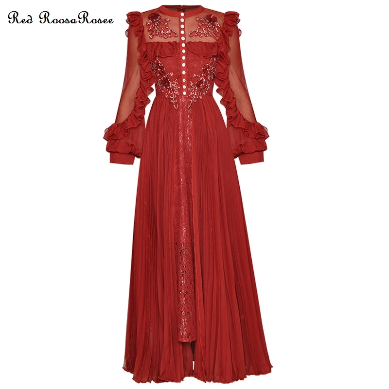 

Red RoosaRosee Vintage Lantern Sleeve Beads Ruffles Lace Patchwork Party Long Maxi Dress 2022 Autumn Wemen Vestidos Robe Femme