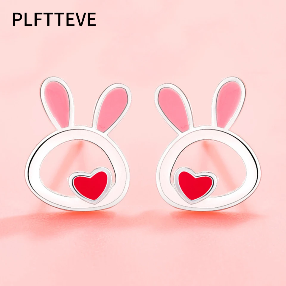 

Red Heart Pink Rabbit Ears Earrings For Women Girls Silver Color Small Stud Earring Female Fashion Wedding Ear Jewelry Brincos