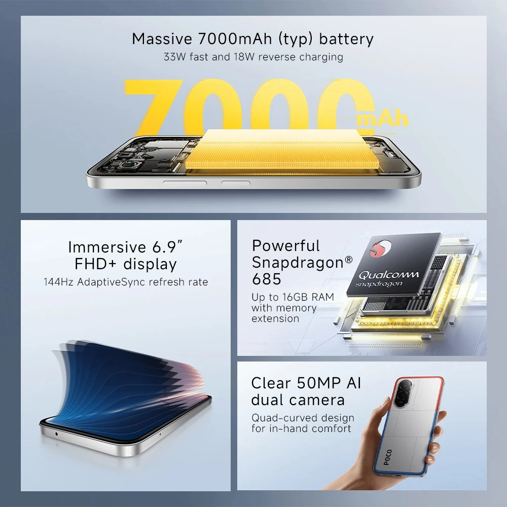 Фото Глобальная версия POCO M7, оригинальный смартфон Snapdragon 685 6,9 дюйма, 144 Гц, FHD + DotDisplay, 50 МП, 7000 мАч, аккумулятор, 33 Вт, быстрая зарядка, NFC №2