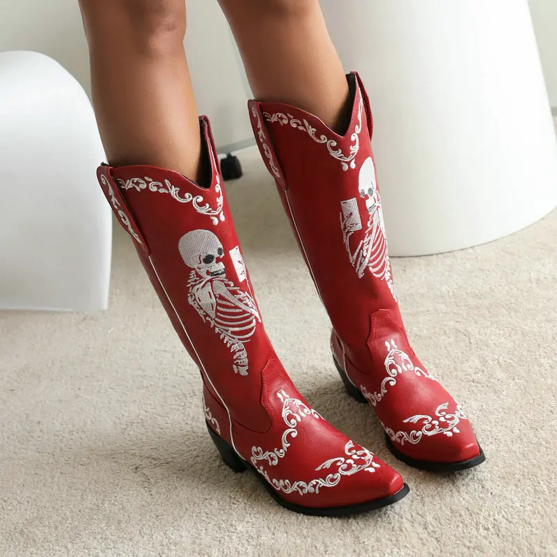 

IPPEUM Red Skeleton Cowboy Boots For Women Vintage Nashville Party Shoes PU Leather Embroidered Country Western Cowgirl Boots