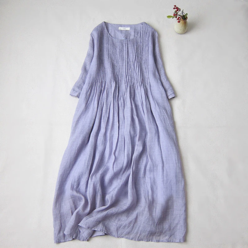 

Limiguyue Purple Linen Pleated Dress Women Vintage Midi High Waist Dress O-Neck Casual Beachwear Summer Dresses Vestidos J235
