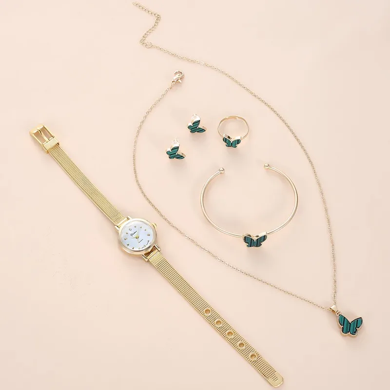 5pcs Fashion High End Creative Blue Green Butterfly Women's Watch Set Commemorative Gift Gifts Perfect Choice Luxury Brand