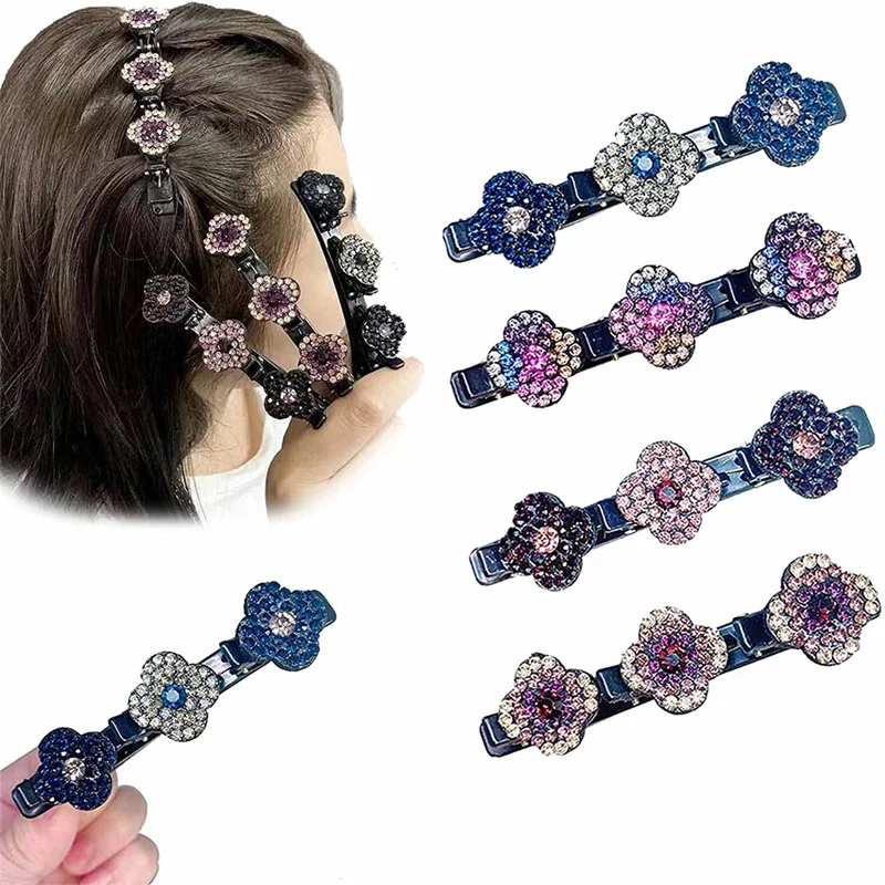 

Korean Crystal Flowers Braided Hair Clips for Girl Acrylic Rhinestones Sweet Bangs Side Barrettes Elastic Duckbill Clip