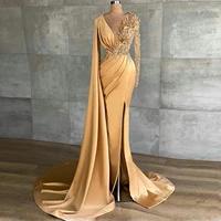 gold v neck long sleeve beaded evening dress feather mermaid wedding formal banquet prom train dress